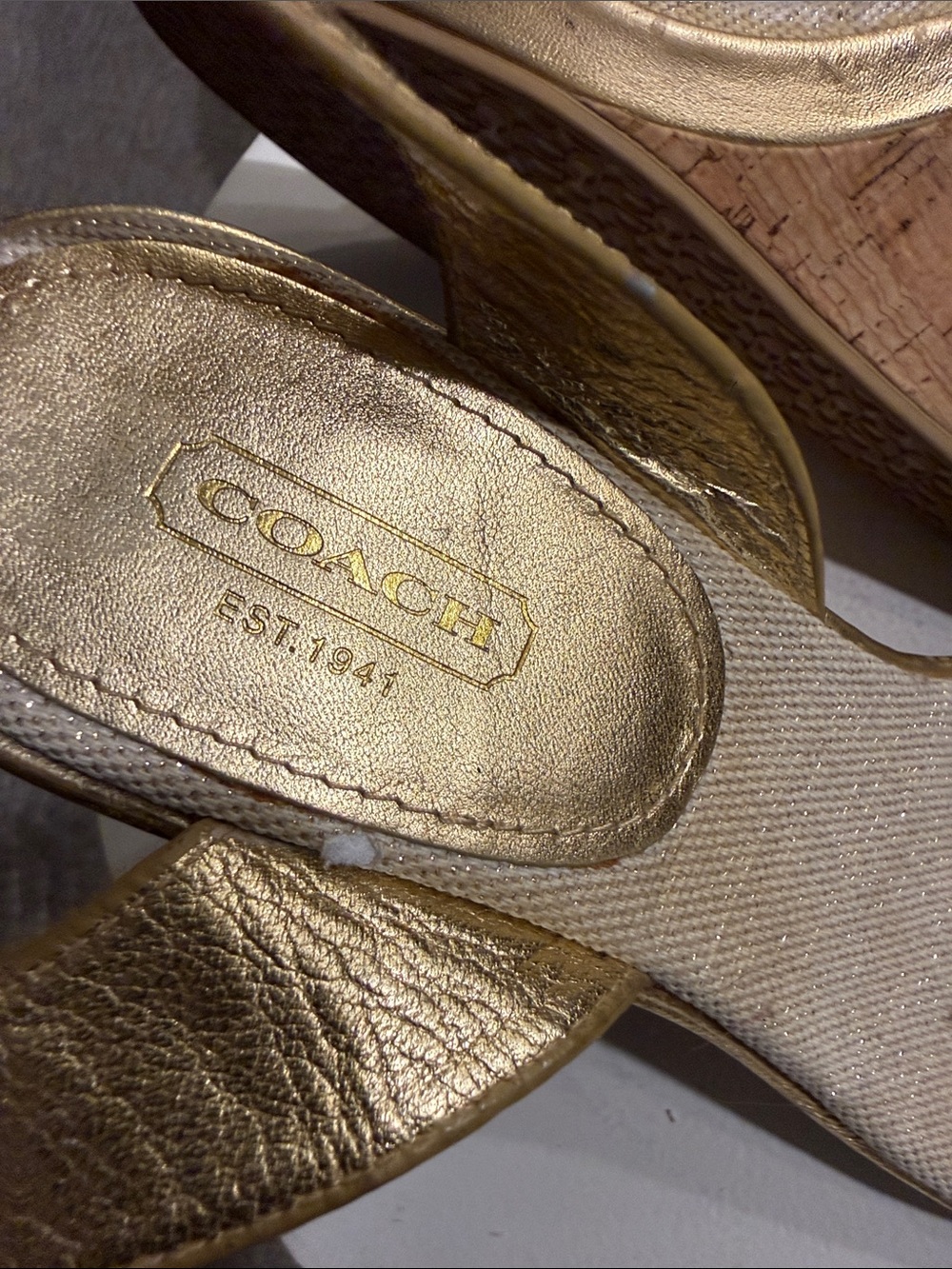 Coach Ellette Metallic Gold Leather Wedge Sandals